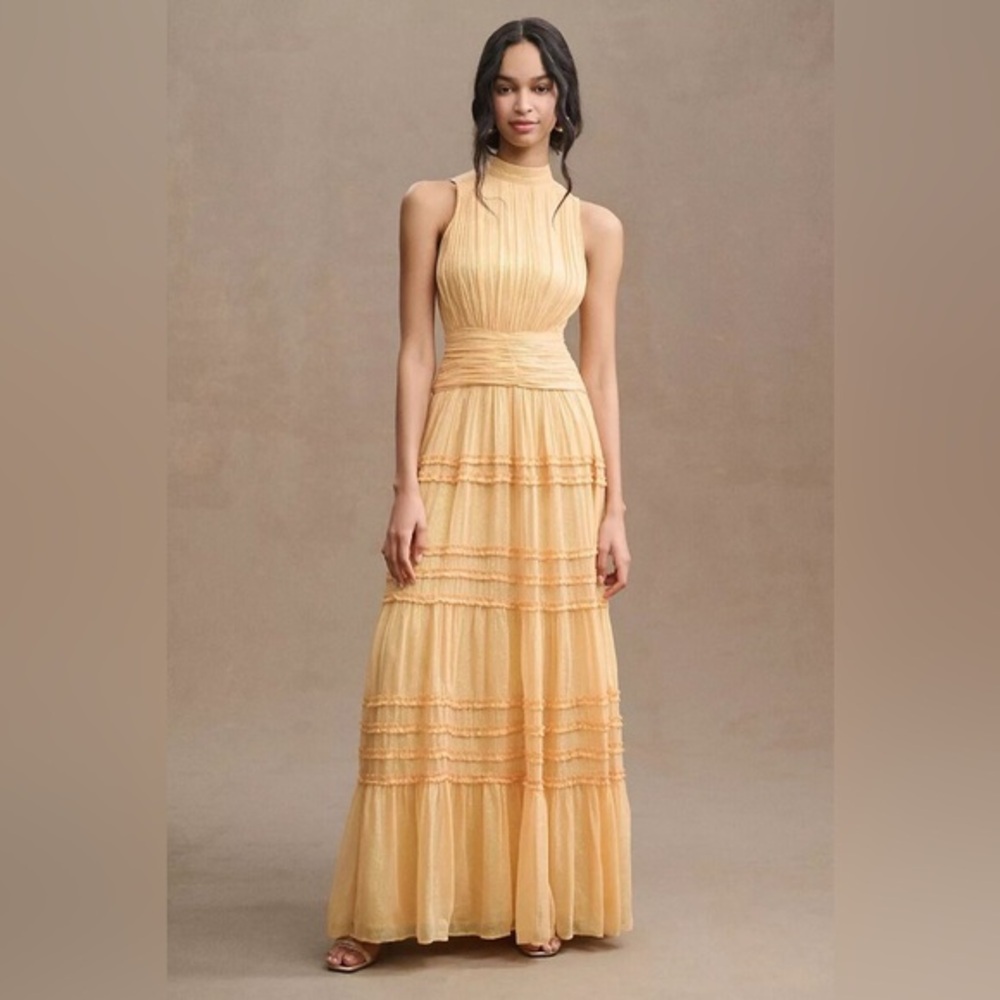 BHLDN Juniper Metallic Tiered Backless High-Neck Yellow‎ Gown